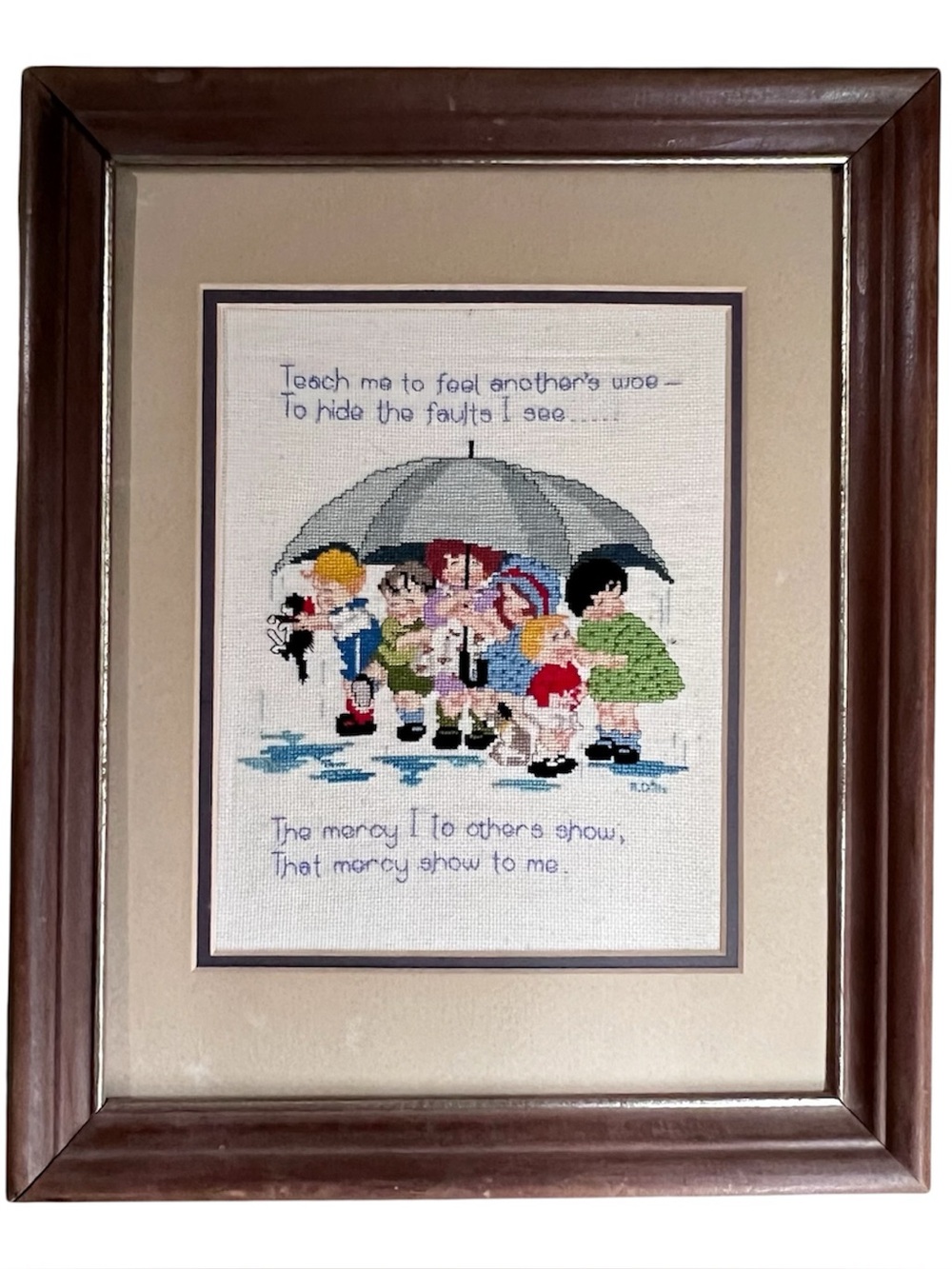 VTG Framed Cross Stitch Framed Art Stormy Weather Kids Under Umbrella 16" x 13"